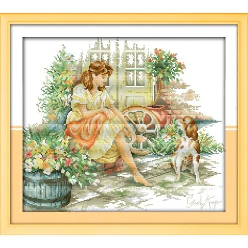 Joy Sunday Factory Outlet Cross Stitch Resting Girl 14CT DIY Embroidery Needles and DMC Cross Stitch Pattern Home Decoration