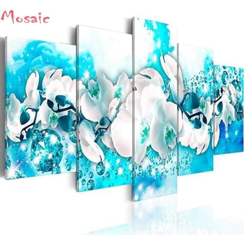 Diamond painting 5 pcs White Flower Art Paintings Blue Canvas Wall Artwork Magnolia Picture Embroidery mosaic cross stitch gift