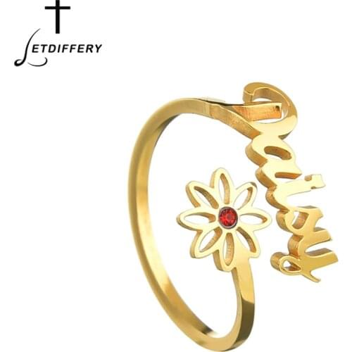 Letdiffery 12 Birthstones Personlized Name Rings for Women Stainless Steel Dasily Flower Custom Jewelry Birthday Gifts