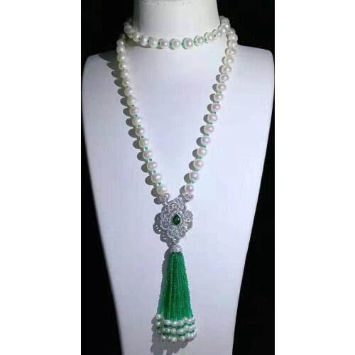 Hot sell New 7-8mm natural white freshwater pearl necklace zircon accessories tassel pendant fashion jewelry