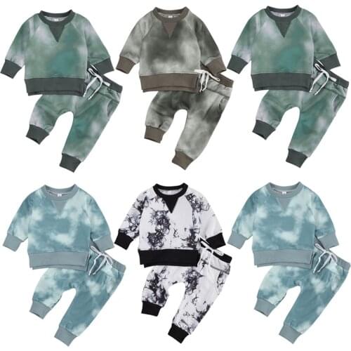 Lioraitiin 0-24M Newborn Baby Boy Fahsion Autumn Clothing Set Tiy-Dye Printed Long Sleeve O-Neck Top Pants 2Pcs Outfit 2Styles