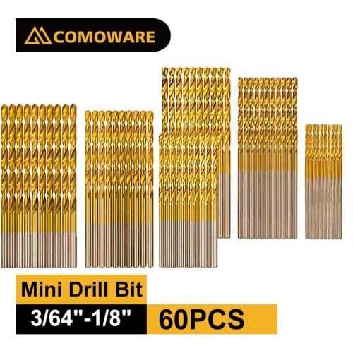 COMOWARE Mini Drill Bit Set 60 Pcs High Speed Steel HSS Titanium Micro Drill Bits 3/64"-1/8"Metal,Plastic,Wood Drill