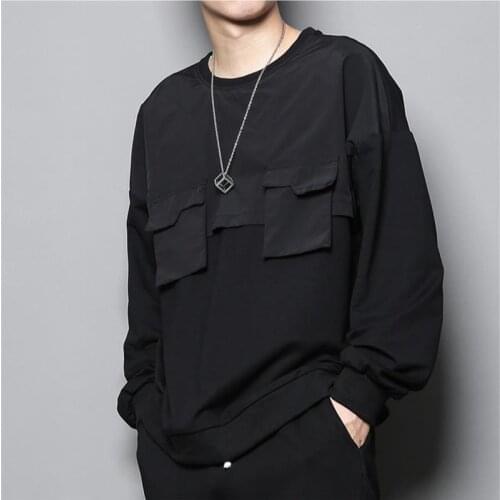 Spring and Autumn mens new solid color round collar black and white stitching long sleeve T-shirt personality trend pocket