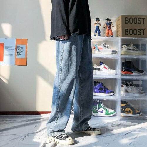 2021 Mens New Loose Black/blue Straight Pants Solid Color Casual Pants Baggy Homme Cargo Pocket Jeans Biker Denim Trousers