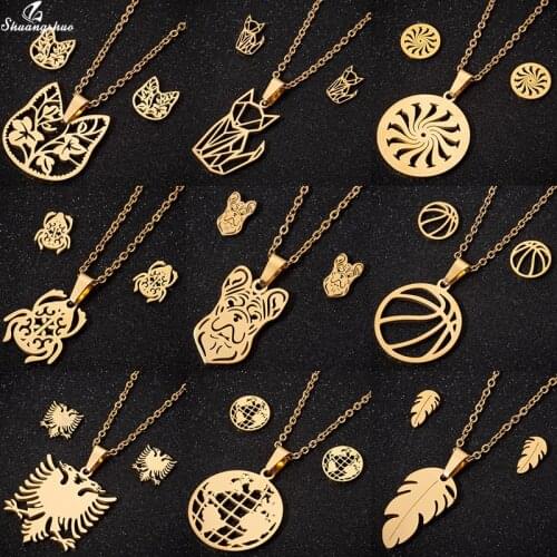 Shuangshuo Women Men Animal Jewelry Sets Cat Fox Bulldog Bird Pendant Necklace Origami Cartoon Aniaml Collier Stainless Steel