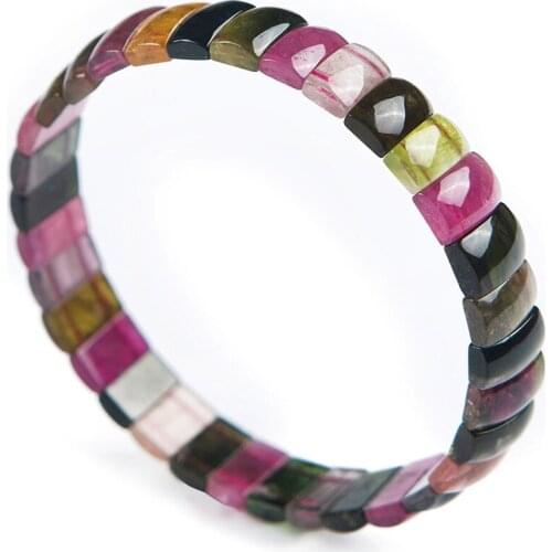 Genuine Natural Crystal Rectangle Beads Colorful Tourmaline Stone Fashion Stretch Women Jewelry Bracelet 10*6*3mm