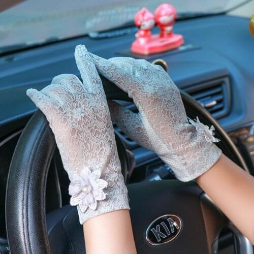 Sexy Summer Women UV Sunscreen Short Sun Screen Pearl Flowers Gloves Thin Ice Silk Lace Touch Screen Lady Driving Gloves J48