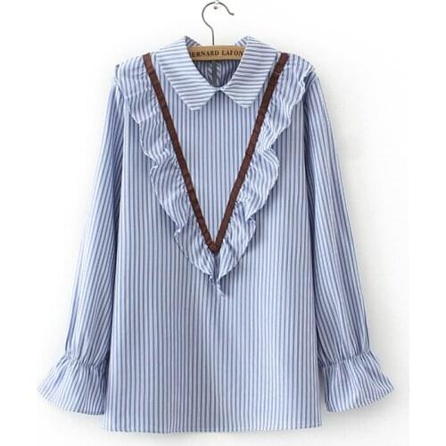 Spring Woman Tops Shirt Fashion Peter pan Collar Long-Sleeve Stripe Casual Blouse