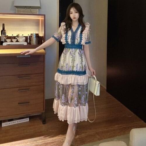 ZAWFL Short Sleeve Dress 2021 Boho High Waist A-Line Party Embroidery Print Floral Spring Elegant Luxury Dresses Women