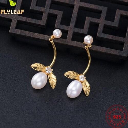 925 Sterling Silver Freshwater Pearls Leaves Drop Earrings For Women Luxury Female Vintage Jewelry Handmade