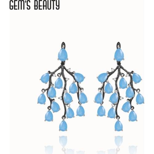 GEMS BEAUTY 925 Sterling Silver Handmade Stud Earrings For Women Natural Pear Cut Aqua-blue Calcedony Vintage Stud Earrings