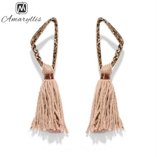 Amaiyllis Summer Cotton Thread Long Tassel Earrings For Women 2 Colors Fringe Earrings Vintage Hollow Geo Pendant Dangle Earring