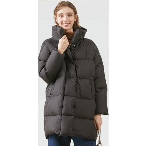 2021 Fashion Womens Solid Color Mid Length Thick Winter Down Jacket Females Button Stand Up Collar Oversized Chic Bread Coat