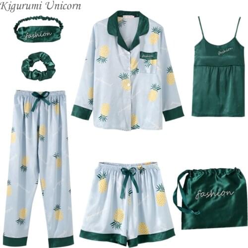 Womens 7 Pieces Pajamas Sets Emulation Silk Striped Pyjama Women Sleepwear Sets Spring Summer Autumn Suits Soft Cute Homewear