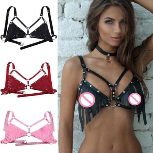 Punk Rivet Women Underwear Adjustable Hollow Out Bondage Lingerie Sexy Strap Vest Faux Leather Tassel Crop Tops Exotic Bra Belts