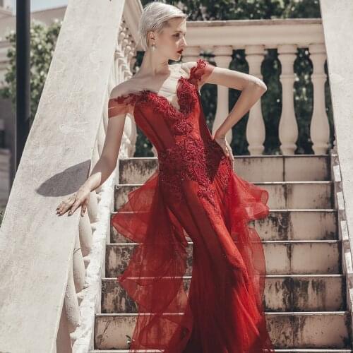 Red cap sleeves Mermaid Evening dress lace up back sexy prom dress ruffles party dress with sweep train