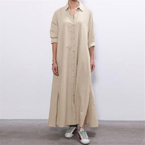 Vintage Womens Solid Plus Size Slit Dress 2021 Women Summer Fashion Long Sleeve Maxi Dresses for Women Cotton Black Sundress