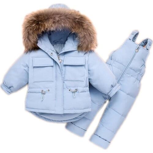 2pcs Winter Childrens Down Jacket Long Sleeve With Big Fur Hooded Coat+pant Solid Color Snow Kids Fashion Newborn Baby Jumpsuit
