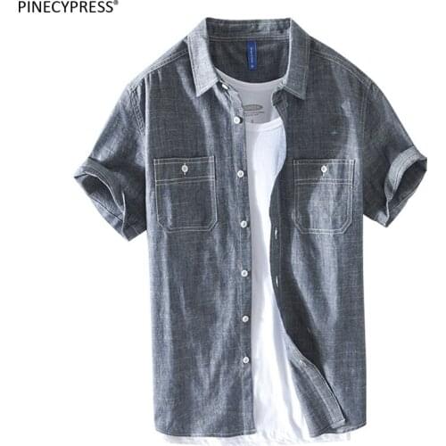 100% Cotton Anti-static Anti-pilling Summer Fashion Two Pockets Short Sleeve Young Man Shirt Quality Men Casual Shirts