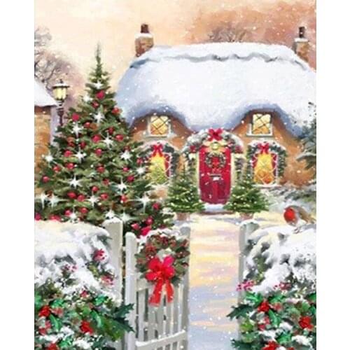 5D Diamond Painting Scenery Beautiful Christmas Tree Snow House Landscape Embroidery Drill Full Round Mosaic Home Decor