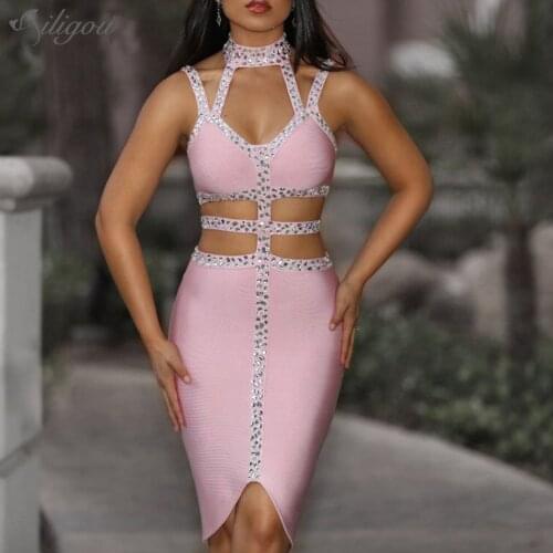 Ailigou 2021 Fashion Chic Beaded Sexy V-neck Slit Backless Sleeveless Wholesale Celebrity Party Bodycon Rayon Bandage Dress