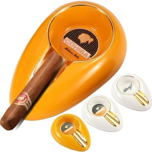 COHIBA Cigar Gadgets Ceramic Ashtray Portable Single Cigar Holder Ash Slot Yellow Tobacco Cigarette Ashtrays Smoking Accessories