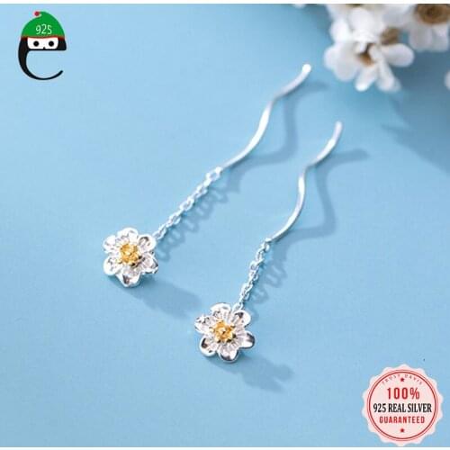 ElfoPlataSi Genuine 925 Sterling Silver Fashion Sweet Flowers Waves Stick Linked Ear Line For Women Wedding Fine Jewelry DD652