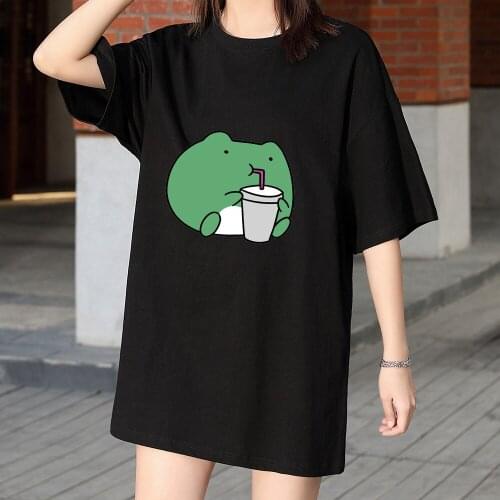 Harajuku Kawaii Frog Shirt Oversized Women Cotton Long Cute Graphic TShirts Vintage 90s Aesthetic Short Sleeve Tees Streetwear