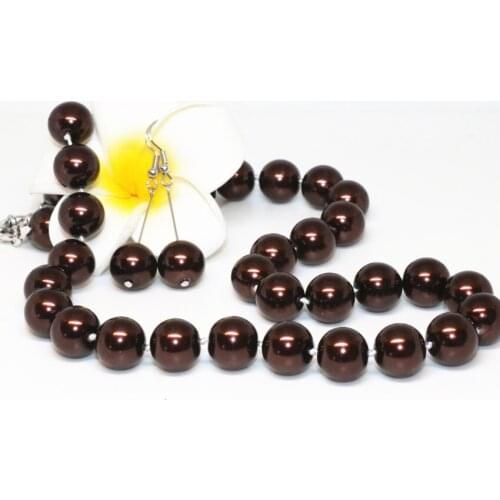Simulated-pearl shell 12mm round beads necklace earrings elegant European & American style chocolate jewelry set 18inch B2342