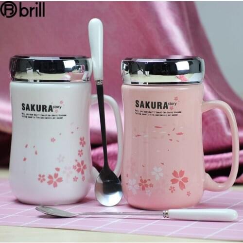 Ceramic Mug with Lid and Spoon Cherry Blossom Cup Large Capacity Mug Couple Gift Box Canecas Cafe Criativas Taza Personalizada