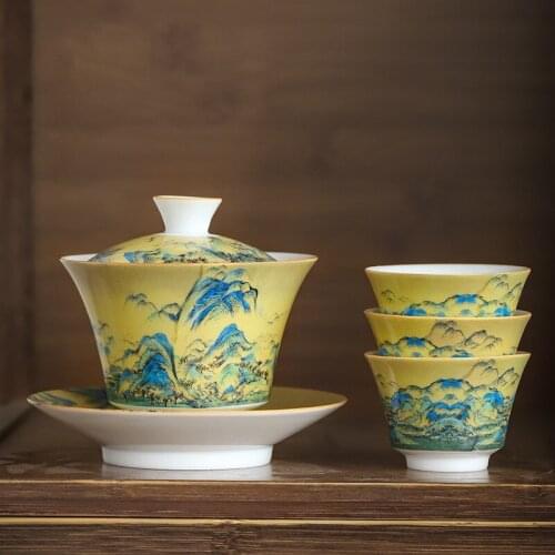 Ceramic Landscape Teacup Household Porcelain Tea Bowl with Cover Creative Office Water Cup Chinese Kung Fu Gaiwan Drinkware