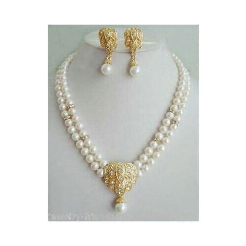 Women real latest design Nobility Quartz crystal Jewelry 2 rows white pearl pendant earrings necklace sets