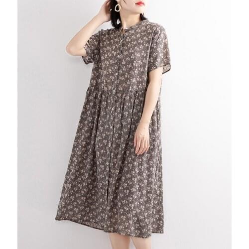 Lamtrip Vintage Cool Breathable Cotton Single Breasted Short Sleeve Rustic Flowers Print Quality Dress 2021 Summer