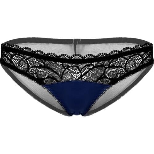 Mens Sexy Panties Bottom Floral Lace Satin Patchwork Sissy Underwear Low Waist Erotic Lingerie Brief See-through Back Underpants