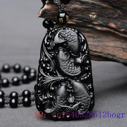 Obsidian Carp Pendant Men Jewelry Necklace Fashion Jade Fish Accessories Amulet Black Women Natural Carved