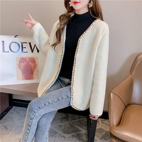 Room 209191 side row No. 4 lower] real shot V-neck imitation mink pure color knitted cardigan