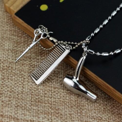 Barber Shop Necklace Hair Dresser Tools Razor Dryer Scissors Comb Hairdresser Pendant Necklace For Men Women Gift Choker Collier