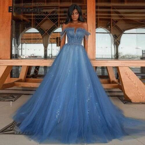 Eightale Arabic Evening Dress Blue Strapless Off the Shoulder Beaded A-Line Special Occasion Celebrity Prom Party Gown 2021