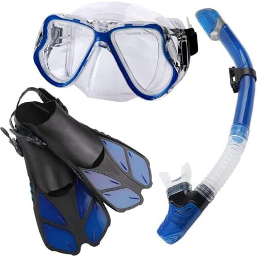 Adult Professional Scuba Mask Underwater Snorkel Mask Diving Fins Free Breathing Dry Top Snorkel Flippers Diving Set Glass Mask