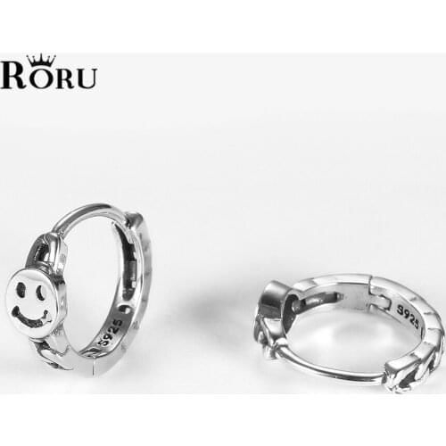 Real S925 Sterling Silver Vintage Thai Silver Round Chain Smile Face Small Hollow Out Hoop Earrings for Women Punk Rock Jewelry