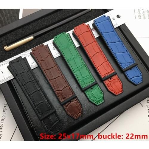 25*17mm cow real leather with rubber silicone watchband watch band for Hublot strap for Big bang belt accessories buckle logo on