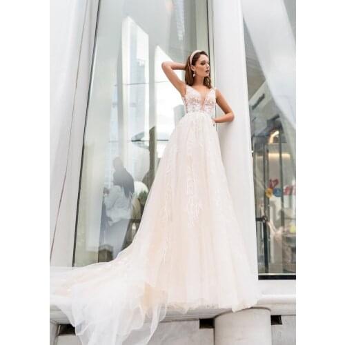 Romantic Flesh pink Soft Tulle Boho Wedding Dress Sexy Backless Sequins robe de mariee 2020 V-Neck Two Strap sukienki koktajlowe