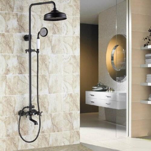 Luxury Oil Rubbed Bronze Wall Mounted Dual Cross Handles Bathroom Rain Shower Faucet Set + Handheld Shower or Bathtub ahg041