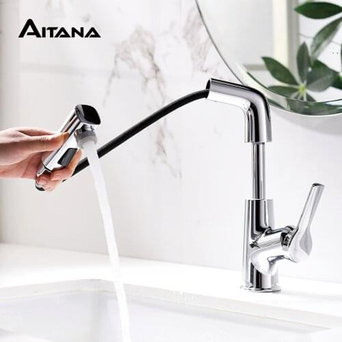 Modern brass single handle cold and hot tap pull out multifunctional Bathroom faucet