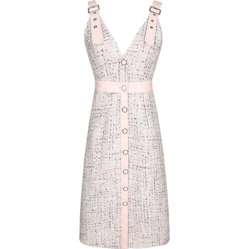 PERHAPS U Pink Button Plaid Tweed White Strap Sleeveless Knee Length Dress D1362