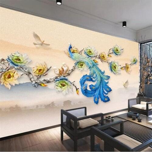 Wellyu Custom wallpaper 3d mural modern minimalist new Chinese embossed floral peacock TV background wall mural papel de parede