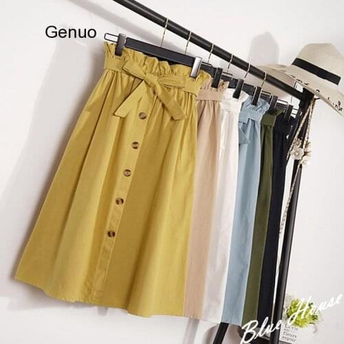 Summer Autumn Skirts Womens Knee Length Korean Elegant Button High Waist Skirt Female Pleated School Skirt