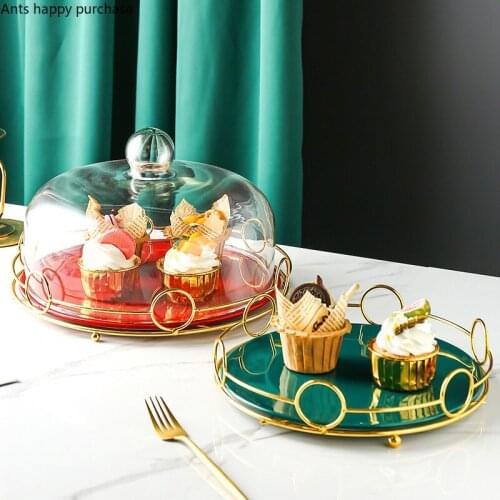 Iron Art Ceramics Desktop Storage Tray Dessert Plate Cake Pan Glass Cover Round Decoration Display Shelf Cake Stand Tea Tray