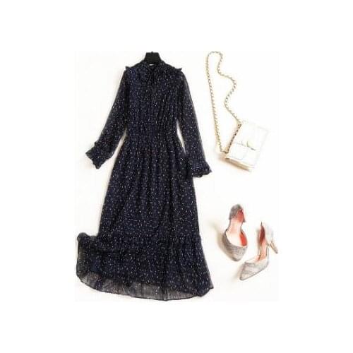 2019 spring new womens long skirt fashion wooden ear straps long-sleeved chiffon floral dressT3512