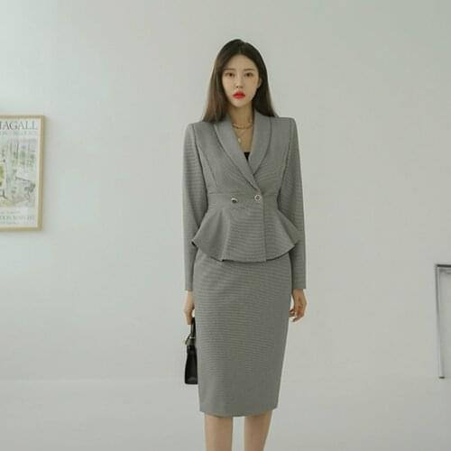 S-XL Plus SIze Korean Style Office Work Two Piece Set for Woman Gray Houndstooth Blazer and Midi Wrap Skirt Ladies 2 Piece Set